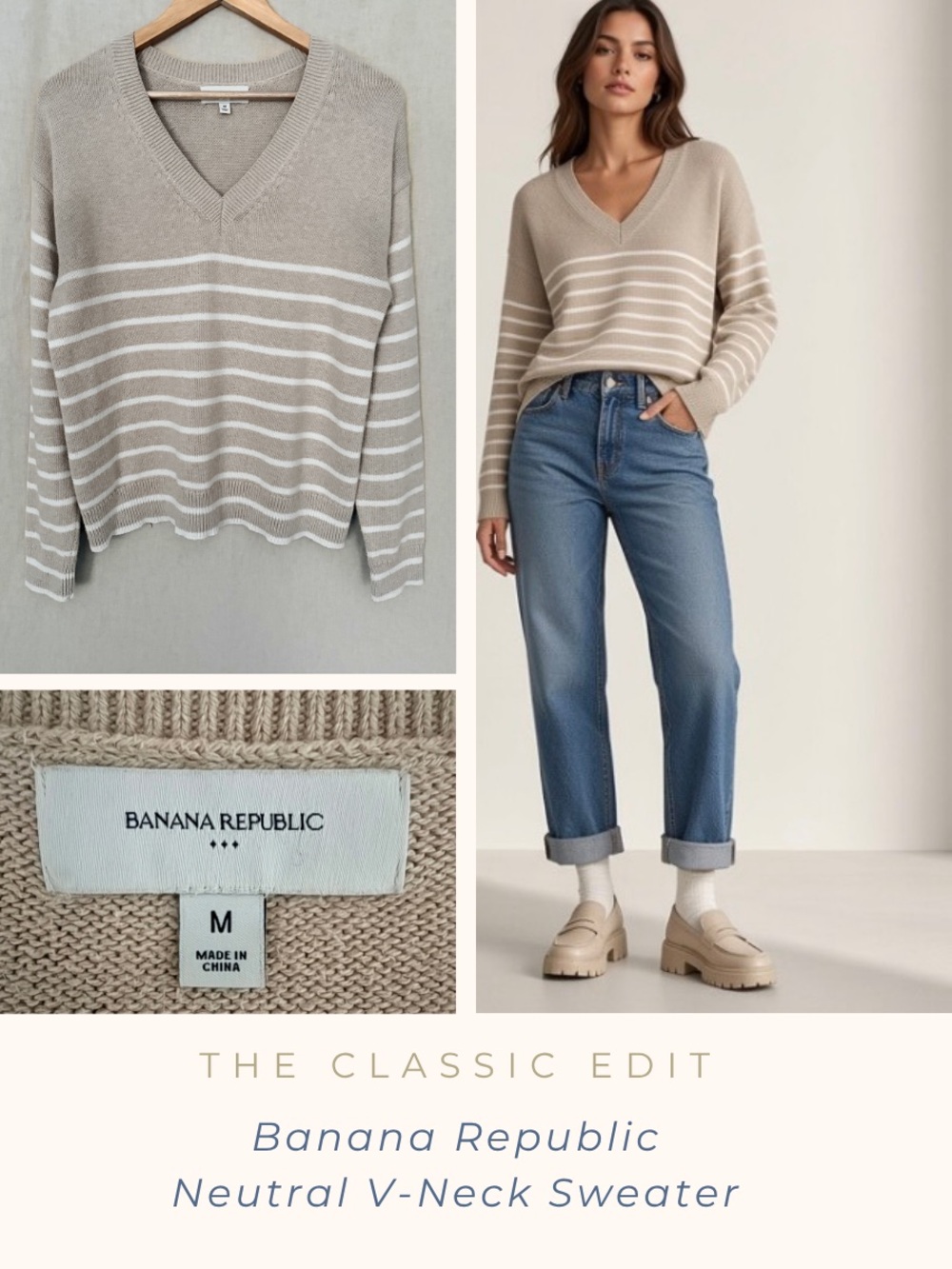 Banana Republic Beige and White Striped V-Neck Sweater